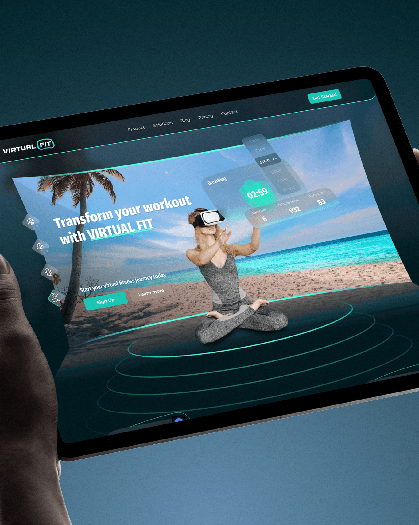 زن در حال تمرین با هدست واقعیت مجازی در محیط ساحلی - Virtual Fit VR Fitness