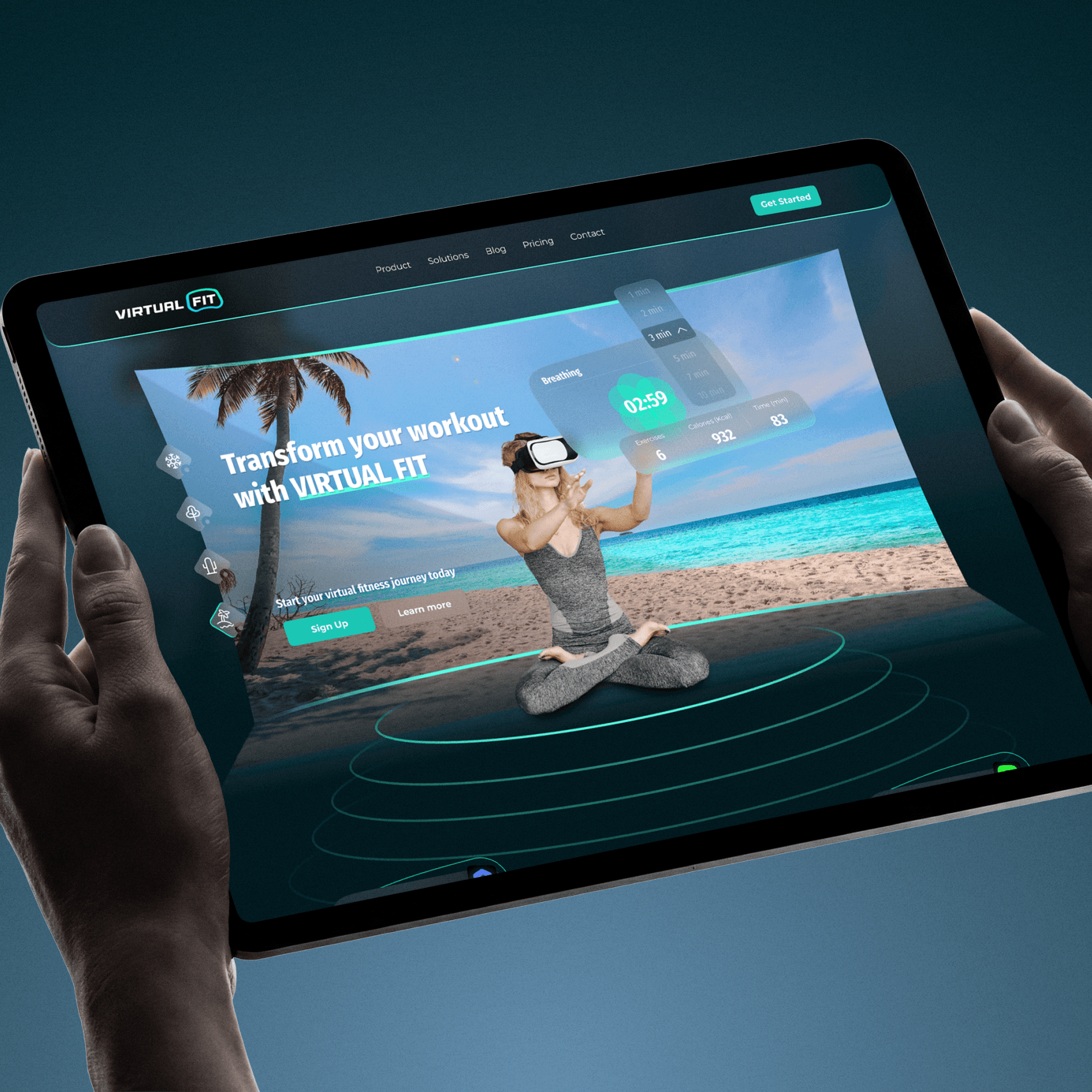 زن در حال تمرین با هدست واقعیت مجازی در محیط ساحلی - Virtual Fit VR Fitness