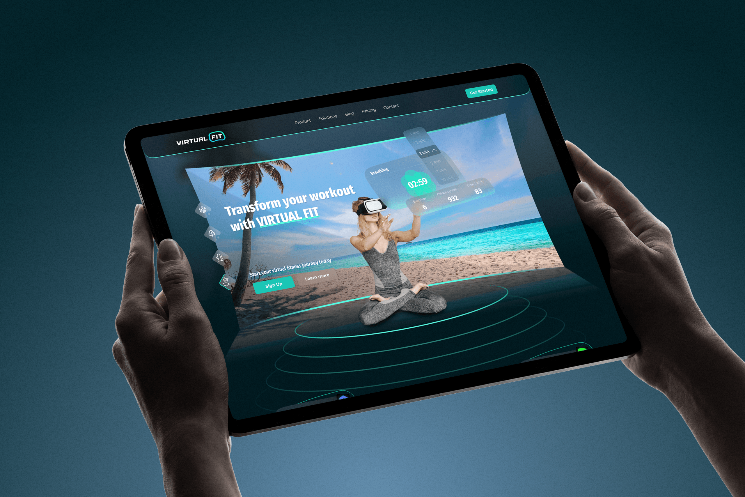 زن در حال تمرین با هدست واقعیت مجازی در محیط ساحلی - Virtual Fit VR Fitness